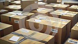 Global logistics, shipping and worldwide delivery business. Cardboard boxes with parcel goods with barcodes. Warehouse