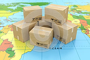 Global logistics, shipping and worldwide delivery business concept: heap of stacked corrugated cardboard boxes with parcel goods