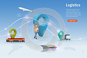 Global logistics transportation and delivery on airfreight, seafreight, train, truck and distribution network connecting. High