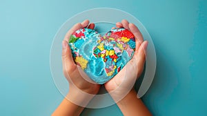 Global Love: Hands Shaped Heart Celebrating Earth Day with World Map