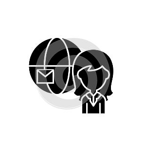 Global mail black icon, vector sign on isolated background. Global mail concept symbol, illustration