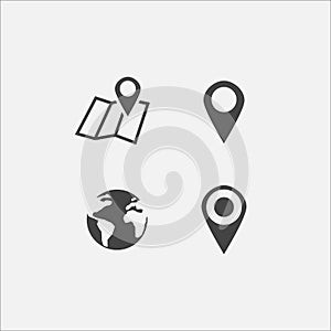 Global map icon, globe symbol, map pointer icon, GPS symbol, navigation travel vector icons set