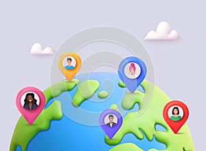 Global map with location markers and avatars representing online connection. 3D Vector Web Illustration