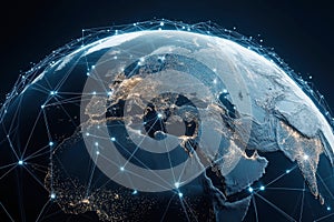 global map of the planet of Earth connected by lines between continents and countries. 5G Internet, global data exchange