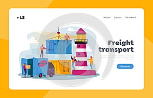 Global Maritime Logistic Landing Page Template. Characters Work in Seaport Load Cargo, Shipping Port with Harbor Crane