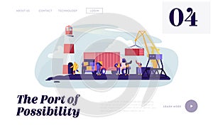 Global Maritime Logistic. Shipping Port with Harbor Crane Loading Container and Seaport Workers Carry Boxes from Truck in Docks