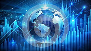 Global Market Growth Blue Grid Globe and Bar Chart Visualization