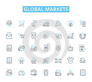 Global markets linear icons set. Trading, Volatility, Foreign Exchange, Commodities, Shares, Economy, Investment line