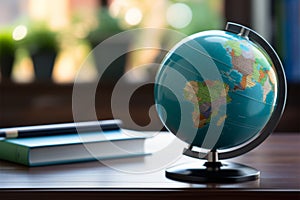 Global mindfulness. Blue globe on desk depicts heightened world awareness