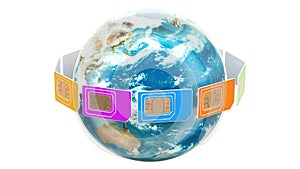 Global mobile communication, SIM cards rotating around the Earth Globe, 3D rendering