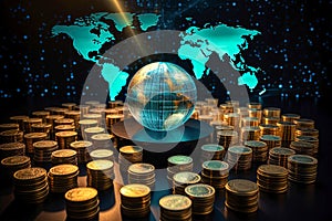Global money. Globe and stack with gold coins. Block chain, virtual money.