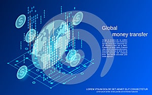 Global money transfer, financial transactions isometric vector concept