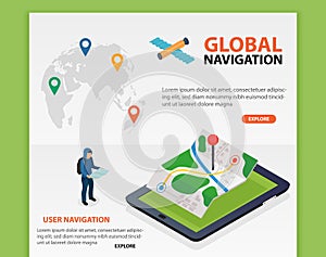 Global Navigation. Flat 3d isometric mobile GPS navigation maps vector. World silhouette pin. Tablet with gps navigator.