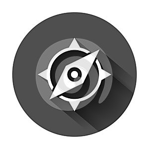 Global navigation icon in flat style. Compass gps vector illustration on black round background with long shadow. Location