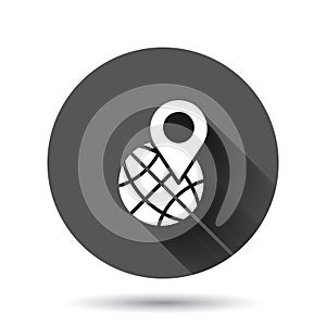 Global navigation icon in flat style. Globe pin gps vector illustration on black round background with long shadow effect. Planet