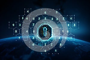 Global net security and blockchain network concept with digital blue padlocks in hexagonal grid on dark background with