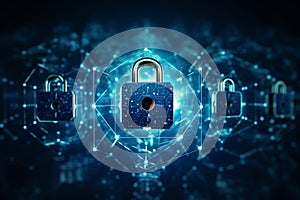 Global net security and blockchain network concept with digital blue padlocks in hexagonal grid on dark background with