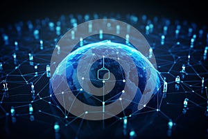 Global net security and blockchain network concept with digital blue padlocks in hexagonal grid on dark background with