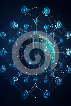 Global net security and blockchain network concept with digital blue padlocks in hexagonal grid on dark background with
