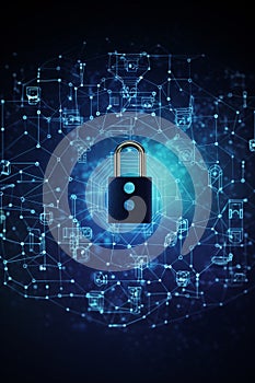Global net security and blockchain network concept with digital blue padlocks in hexagonal grid on dark background with