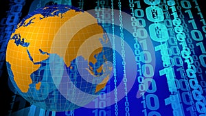 Cyber globe global communication and technology news in binary world, safeguarded by algorithm and cyber security against cyber