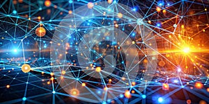 Global Network Blue and Orange Nodes, Interconnected Web, Digital Connectivity