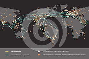 Global network cable connections and information transfer system world map technology