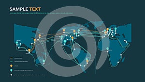 Global network cable connections and information transfer system world map technology