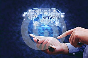 Global network concept, hand man holding mobile phone and virtual map and networking link.