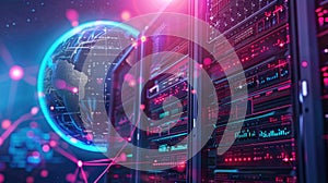 Global network concept with hardware computer server data center and hologram globe. Generative AI