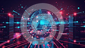Global network concept with hardware computer server data center and hologram globe. Generative AI