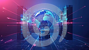 Global network concept with hardware computer server data center and hologram globe. Generative AI