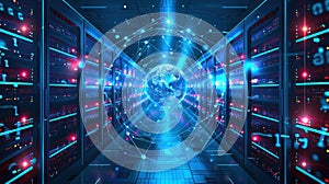 Global network concept with hardware computer server data center and hologram globe. Generative AI
