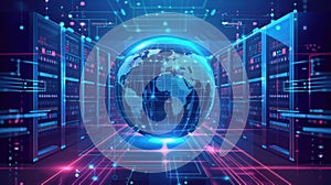 Global network concept with hardware computer server data center and hologram globe. Generative AI