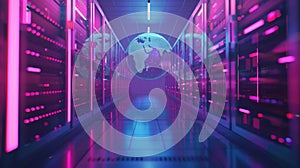 Global network concept with hardware computer server data center and hologram globe. Generative AI