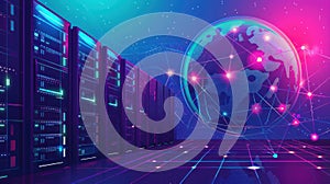 Global network concept with hardware computer server data center and hologram globe. Generative AI