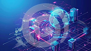 Global network concept with hardware computer server data center and hologram globe. Generative AI