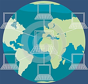 Global network concept. Internet connection with computers. Planet with connected laptops