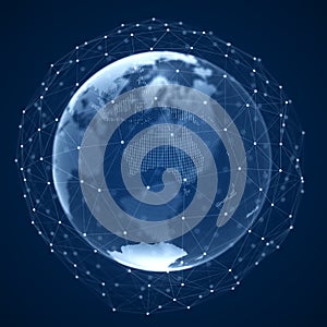 Global network connection. Blue futuristic world map. Concept of planet Earth. 3D rendering