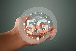 Global network connection 5G on men hand. Global network 5G concept