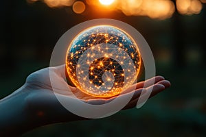 Global Network Connection Held in Hand at Sunset Digital World Concept