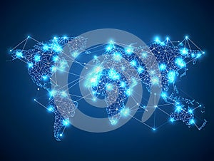Global network connection, illuminated world map, data flow, digital communication, website background