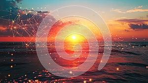 Global network connection over ocean with sunset
