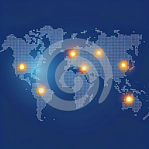 Global Network Connection Visualization: A Dotted World Map with Glowing Data Points on a Gradient Blue Background