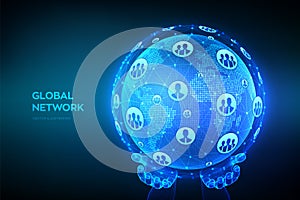 Global network connection. World map point and line composition. Earth globe in wireframe hands. Concept of global business. Blue