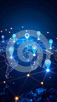 Global Network Connections: Data Points and Digital World Map Visualization