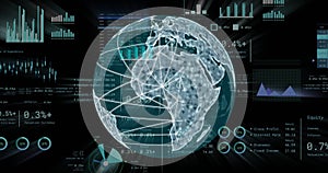 Global network connections and financial data processing image over digital globe