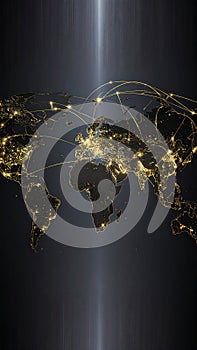 Global network connections illuminated world map with glowing city lights and data flow