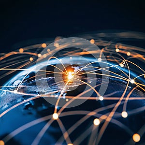 Global network connections visualized with glowing lines on earth