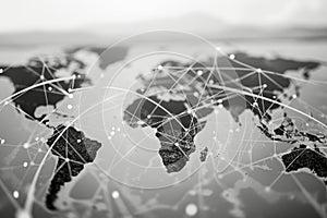 Global Network Connections on World Map in Black and White